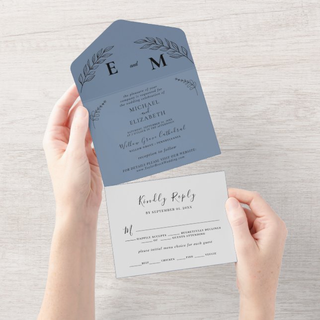 Invitation Tout En Un Feuille minimale | Boho Dusty Mariage bleu tout en (Déchirure)