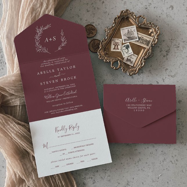 Invitation Tout En Un Feuille minimale | Mariage Bourgogne (Créateur téléchargé)