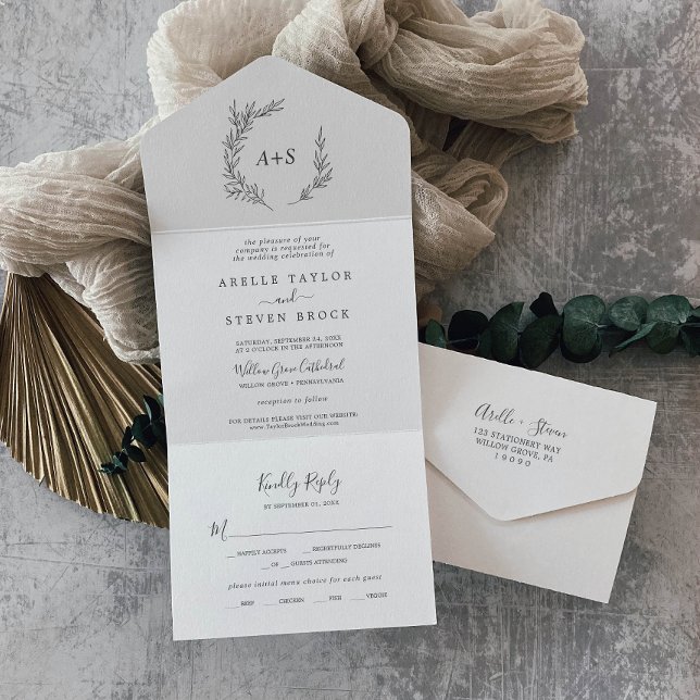 Invitation Tout En Un Feuille minimale | Mariage gris foncé (Créateur téléchargé)
