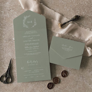 Invitation Tout En Un Feuille minimale   Mariage vert Sage