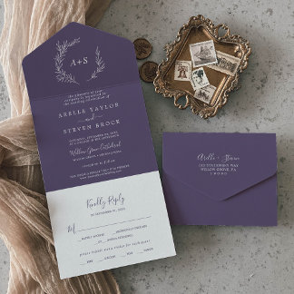 Invitation Tout En Un Feuille minimale | Plum violet Mariage