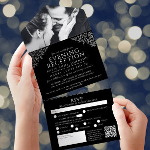 Invitation Tout En Un Feuille noir blanc photo réception soirée RSVP QR