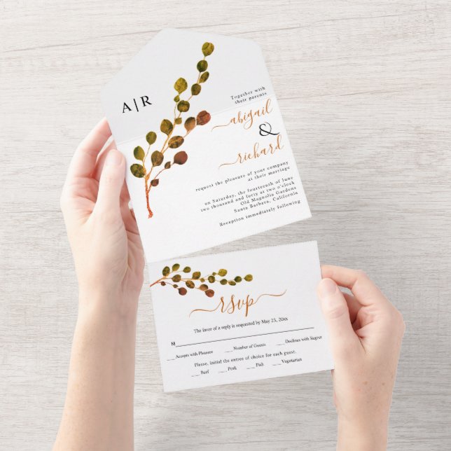 Invitation Tout En Un Feuille ronde eucalyptus branche automne couleurs  (Déchirure)