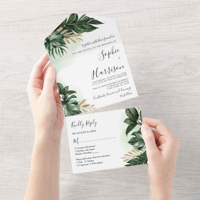Invitation Tout En Un Feuille Tropical Verdure Et Mariage Or (Déchirure)