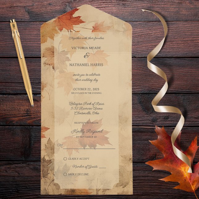 Invitation Tout En Un Feuilles d'automne rustiques (Also available with QR code. )