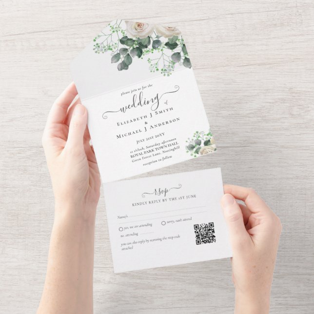 Invitation Tout En Un Feuilles de mariage inclus Roses blanches Sage RSV (Déchirure)