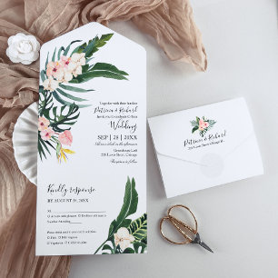 Invitation Tout En Un Feuilles de palmier Hibiscus Élégant Mariage Tropi