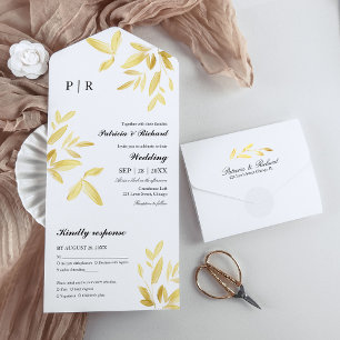 Invitation Tout En Un Feuilles d'Or Monogramme Élégant Mariage