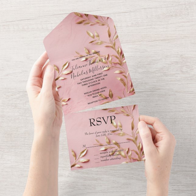 Invitation Tout En Un Feuilles d'or rose (Déchirure)