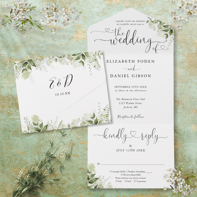 Invitation Tout En Un Feuilles verdure Élégant Script Coeurs Mariage (Greenery Leaves Elegant Script Hearts Wedding All In One Invitation)