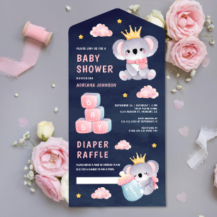 Invitation Tout En Un Fille à l'ours koala rose reine Fête prénatale béb