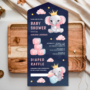 Invitation Tout En Un Fille de l'Éléphant Reine Rose Baby Shower Bleu Ma
