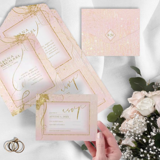 Invitation Tout En Un Fine Lines Gold Abstrait Mariage V3 Blush ID867 (Créateur téléchargé)