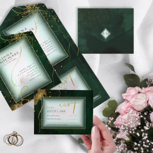 Invitation Tout En Un Fine Lines Gold Abstrait Mariage V3 Emerald ID867