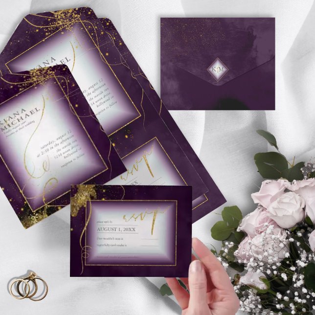 Invitation Tout En Un Fine Lines Gold Abstrait Mariage V3 Plum ID867 (Créateur téléchargé)