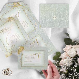 Invitation Tout En Un Fine Lines Gold Abstrait Mariage V3 Sage ID867