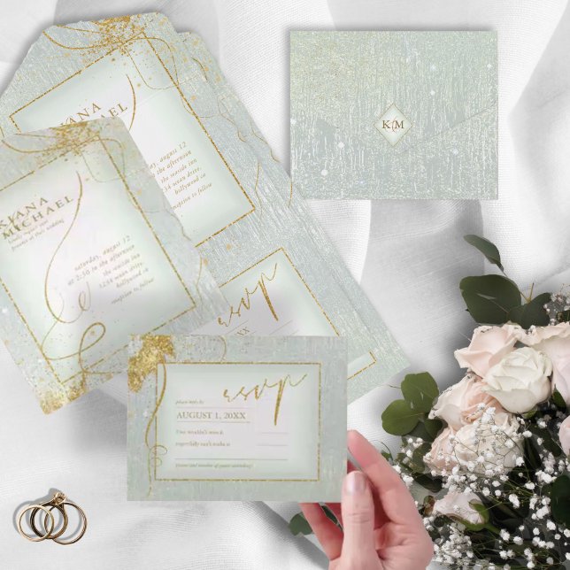Invitation Tout En Un Fine Lines Gold Abstrait Mariage V3 Sage ID867 (Créateur téléchargé)