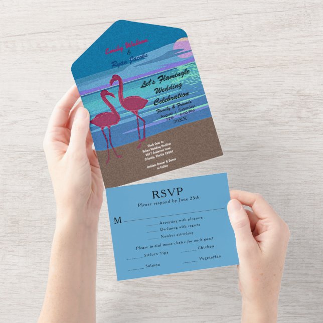 Invitation Tout En Un Flamant rose Tropical Beach Mariage Information RS (Déchirure)