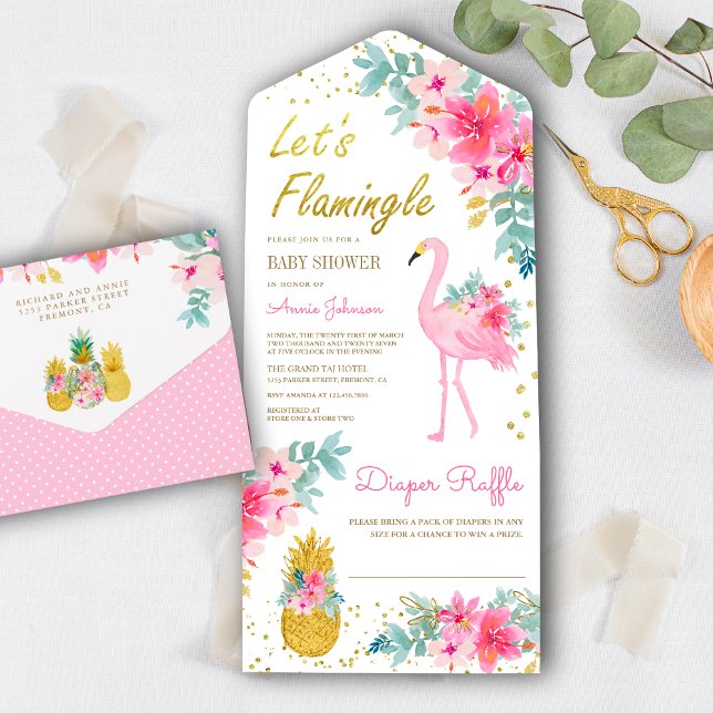 Invitation Tout En Un Flamant rose tropical rose Luau Baby shower (Créateur téléchargé)