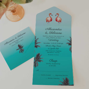 Invitation Tout En Un Flamants roses Turquoise Tropical Beach