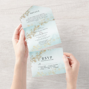 Invitation Tout En Un Flecks d'or moderne Turquoise Mist Watercolor Mari