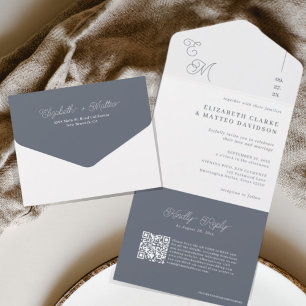 Invitation Tout En Un Fleet Grey   Code QR Mariage monogramme minimal