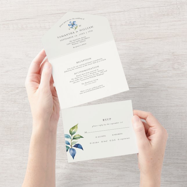Invitation Tout En Un Fleur bleu aquarelle (Déchirure)