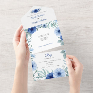 Invitation Tout En Un Fleur d'anémone bleue et verte  