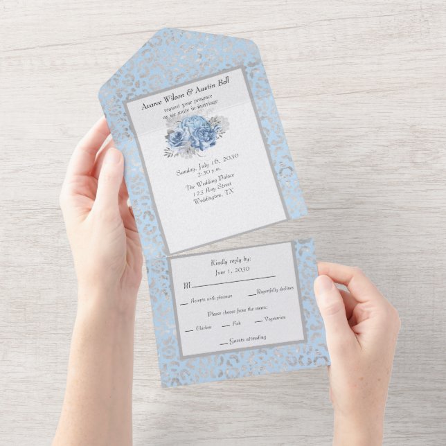 Invitation Tout En Un Fleur d'aquarelle Empreinte de léopard bleu et arg (Déchirure)