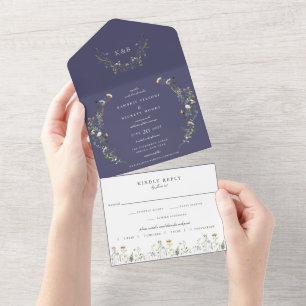 Invitation Tout En Un Fleur de prairie sauvage Mariage bleu marine