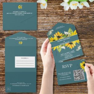 Invitation Tout En Un Fleur de soleil vert fumée tout en un mariage Invi