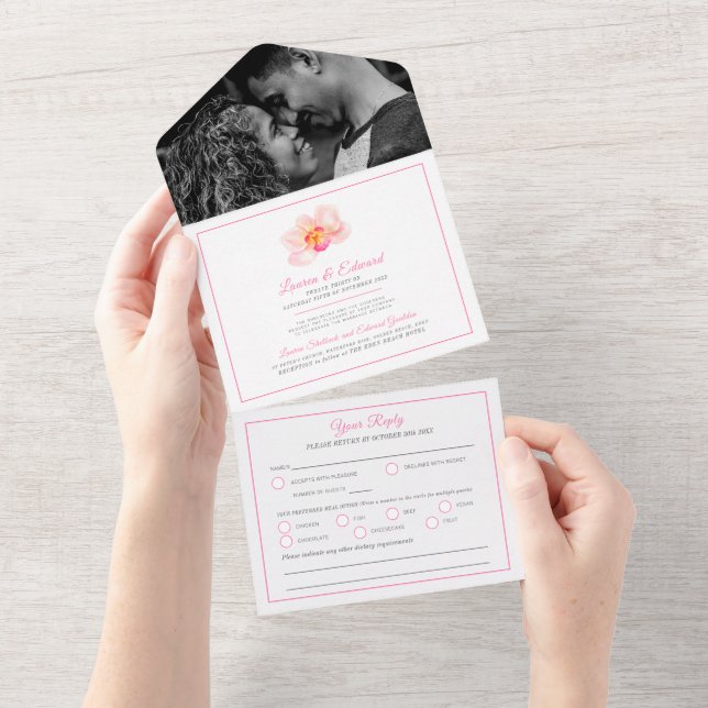 Invitation Tout En Un Fleur d'orchidée tropicale de mariage aquarelle ro (Déchirure)