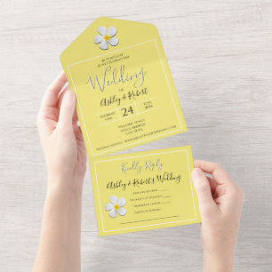 Invitation Tout En Un Fleur Plumeria blanche sur Jaune, Mariage moderne