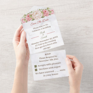 Invitation Tout En Un Fleur rose Customisée Enregistrer La Date