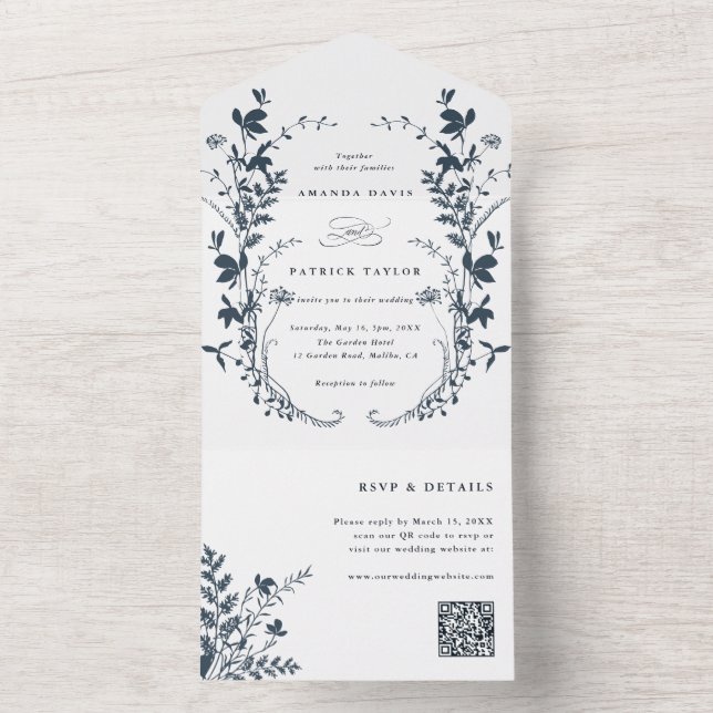 Invitation Tout En Un Fleur sauvage bleu de la marine Silhouette Mariage (À l'intérieur)