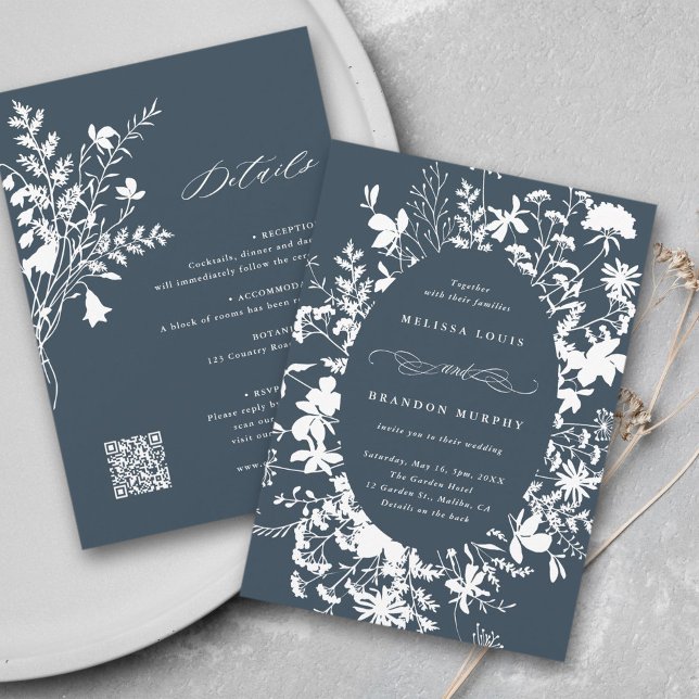 Invitation Tout en un Fleur sauvage Cadre Mariage Marine & Bl (Front & Back)