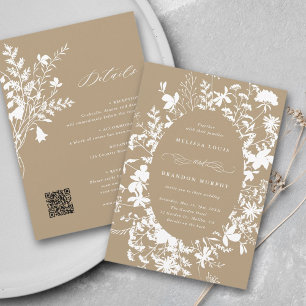 Invitation Tout en un Fleur sauvage cadre Mariage Tan et blan