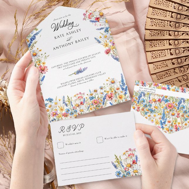 Invitation Tout En Un Fleur sauvage de pays coloré Floral Mariage (All in One Wedding Invitation with RSVP from Country Wildflower Wedding Collection by Darling & May)