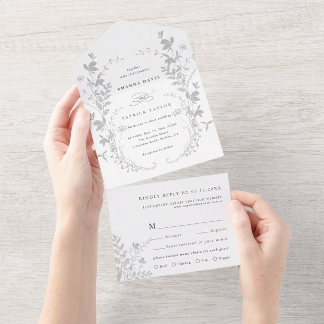 Invitation Tout En Un Fleur sauvage gris et blanc Silhouette Mariage de  (Déchirure)