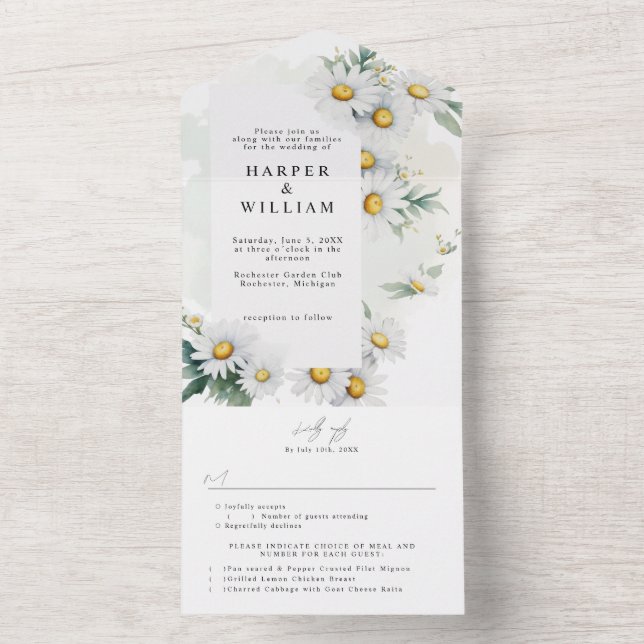 Invitation Tout En Un fleur sauvage marguerite rsvp mariage attaché (À l'intérieur)