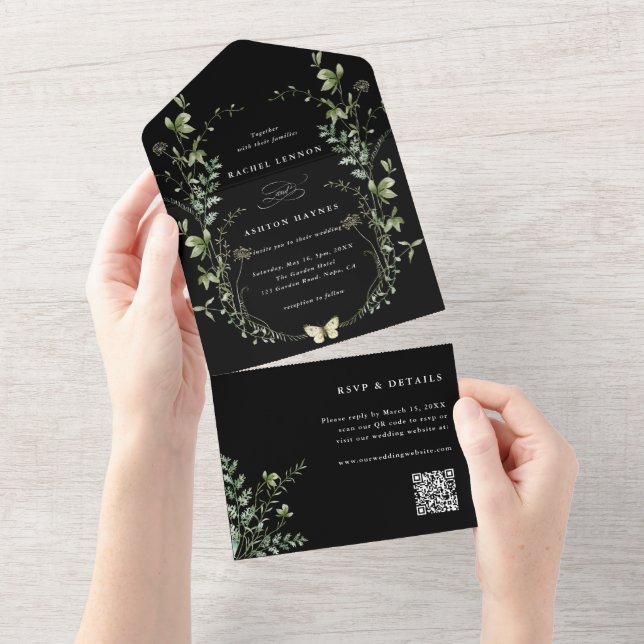 Invitation Tout En Un Fleur sauvage noir élégant Mariage de code QR (Déchirure)