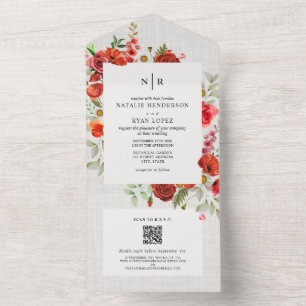 Invitation Tout En Un Fleur sauvage Pavot Rouge Floral Lin Mariage QR RS