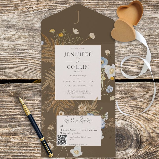 Invitation Tout En Un Fleur sauvage rustique Monogramme Brown QR Code (Créateur téléchargé)