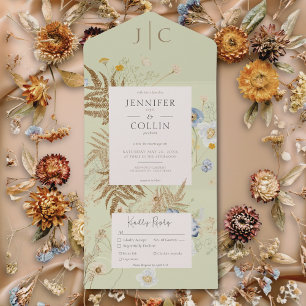 Invitation Tout En Un Fleur sauvage rustique Monogramme Dîner vert clair