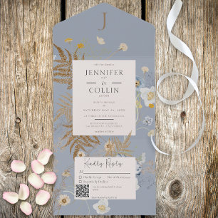 Invitation Tout En Un Fleur sauvage rustique Monogramme Dusty bleu QR Co
