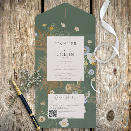Invitation Tout En Un Fleur sauvage rustique Monogramme Sage vert QR Cod