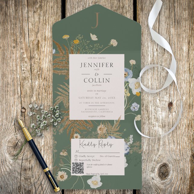 Invitation Tout En Un Fleur sauvage rustique Monogramme Sage vert QR Cod (Créateur téléchargé)