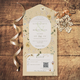 Invitation Tout En Un Fleur sauvage rustique Oval Frame Yellow QR Code