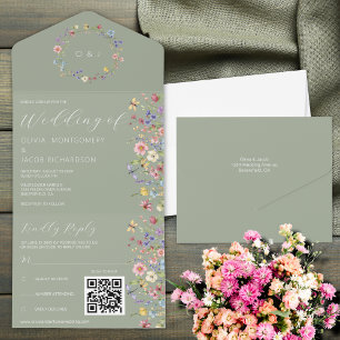 Invitation Tout En Un Fleur sauvage Sage Green RSVP et Mariage de code Q