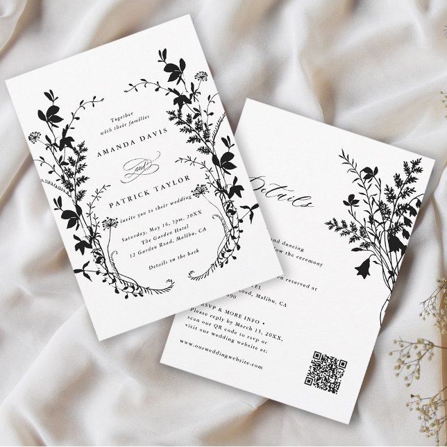 Invitation Tout en un Fleur sauvage Silhouette Mariage de cou (Front & Back)
